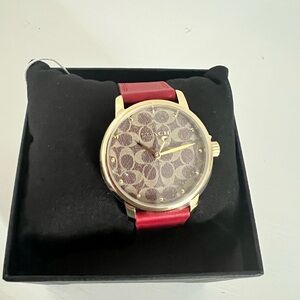 Coach Gold-Tone Watch with Red Leather Strap